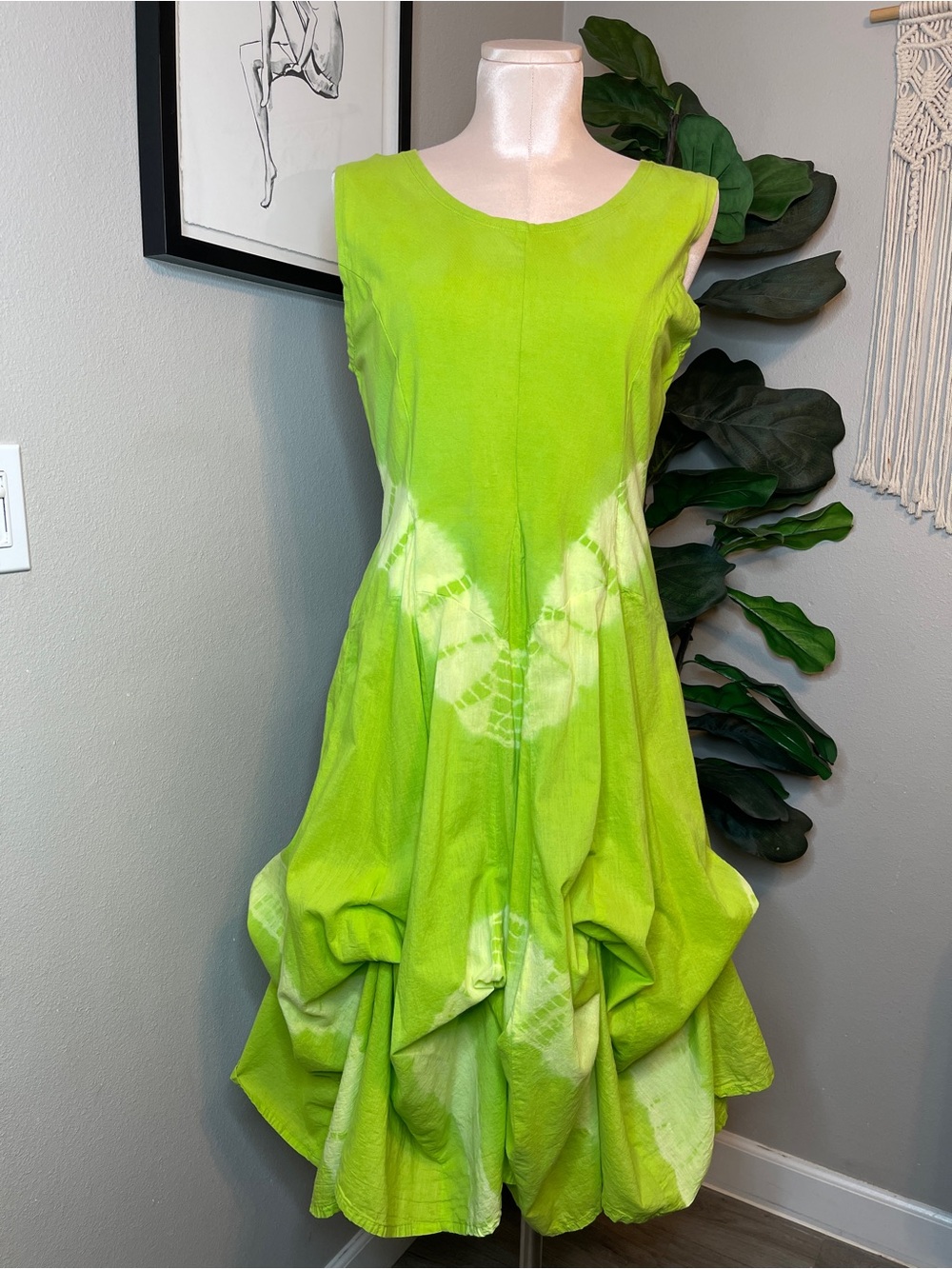 Artsy Boho Lagenlook French Bustle 100% Cotton Midi Dress Lime Green Tie Dye - Picture 2 of 15